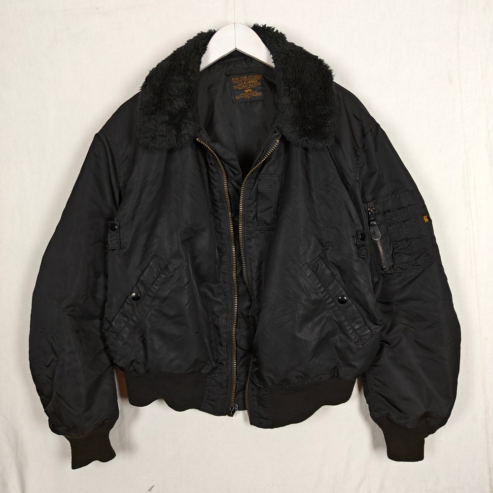 Vintage B-15D Flight Jacket Black Faux Fur Collar XL Made in USA